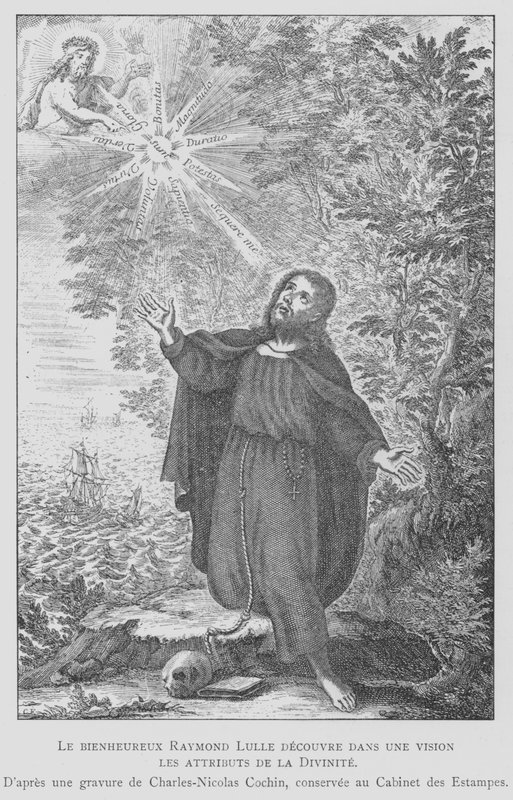 Den spanske filosofen Ramon Llull oppdager attributtene til guddommelighet i en visjon (litho) av Charles Nicolas II (after) Cochin