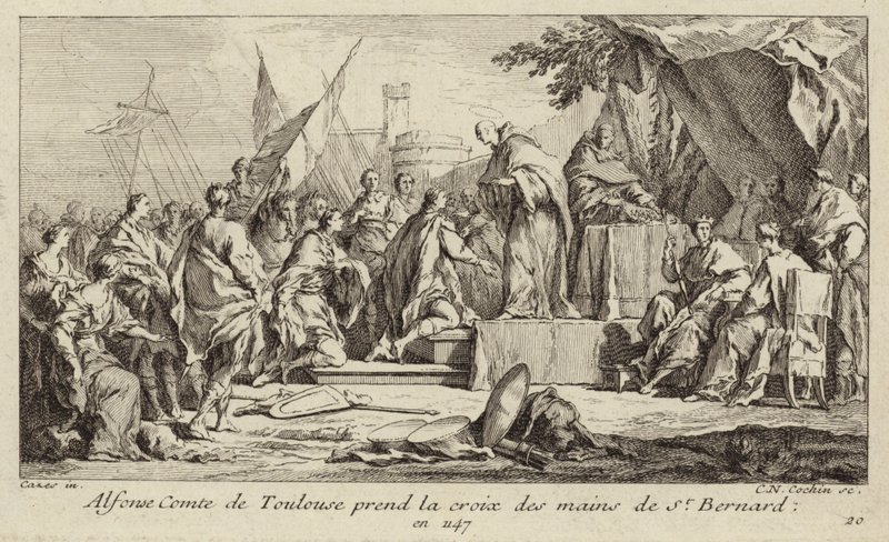 Alfons I, grev av Toulouse, tar korset fra hånden til Bernard av Clairvaux, og lover å bli med i det andre korstoget av Charles Nicolas II Cochin