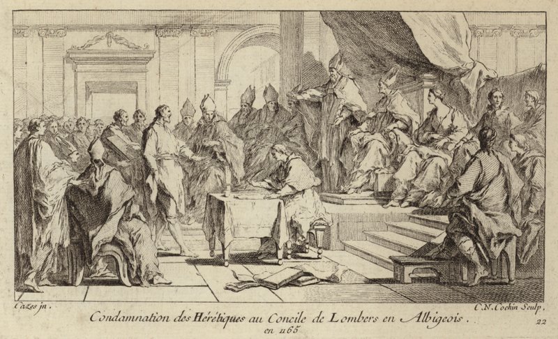 Fordømmelse av katharer som kjettere ved Council of Lombers, Frankrike av Charles Nicolas II Cochin