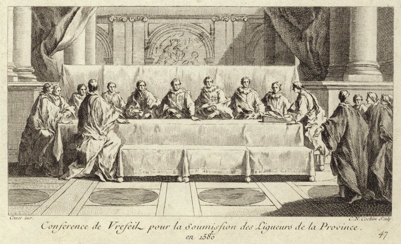 Konferanse for innlevering av medlemmer av den katolske ligaen i Languedoc av Charles Nicolas II Cochin