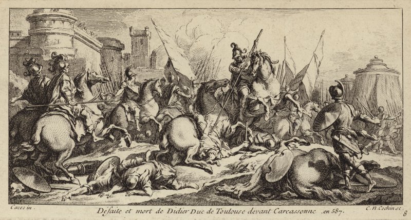 Nederlag og død av Didier av Toulouse før Carcassonne, 587 (gravering) av Charles Nicolas II Cochin