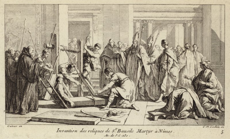 Oppdagelse av relikviene til St. Baudile, martyrdøden i Nimes i 250 (gravering) av Charles Nicolas II Cochin