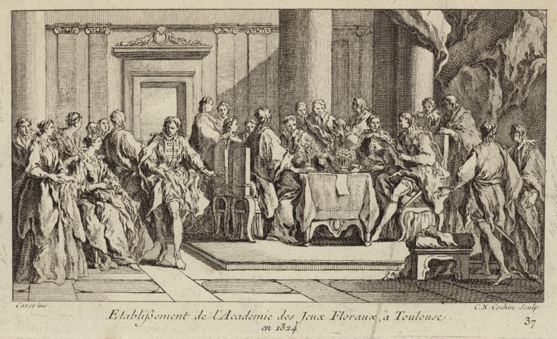 Etablering av Academie des Jeux Floraux, det eldste litterære samfunnet i den vestlige verden, Toulouse, Frankrike av Charles Nicolas II Cochin
