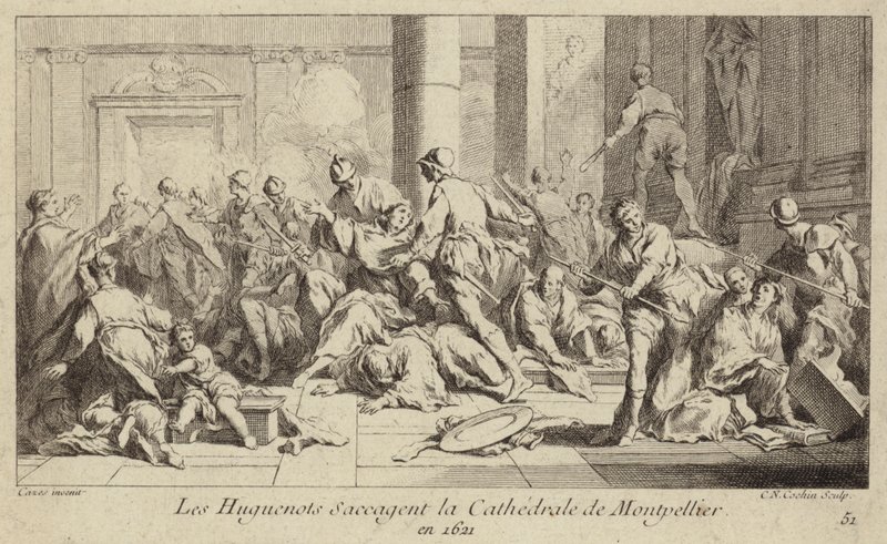 Hugenotter plyndrer katedralen i Montpellier, Frankrike, 1621 av Charles Nicolas II Cochin