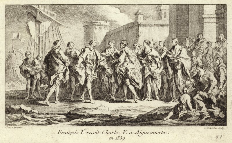 Kong Frans I av Frankrike mottok keiser Charles V i Aigues-Mortes av Charles Nicolas II Cochin