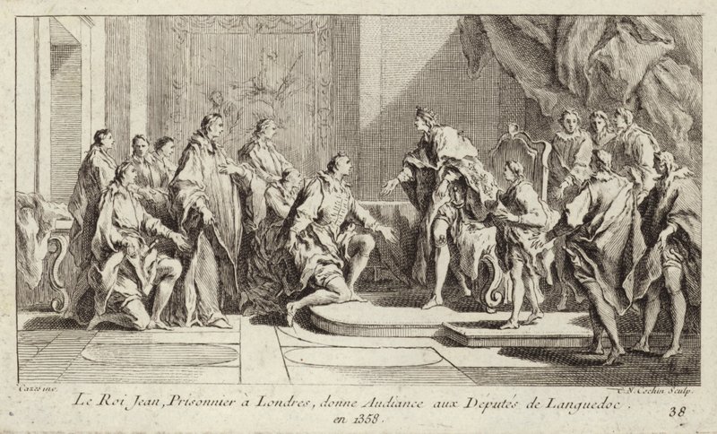Kong John II av Frankrike, holdt fange av engelskmennene i London, og ga audiens til en deputasjon fra Languedoc av Charles Nicolas II Cochin