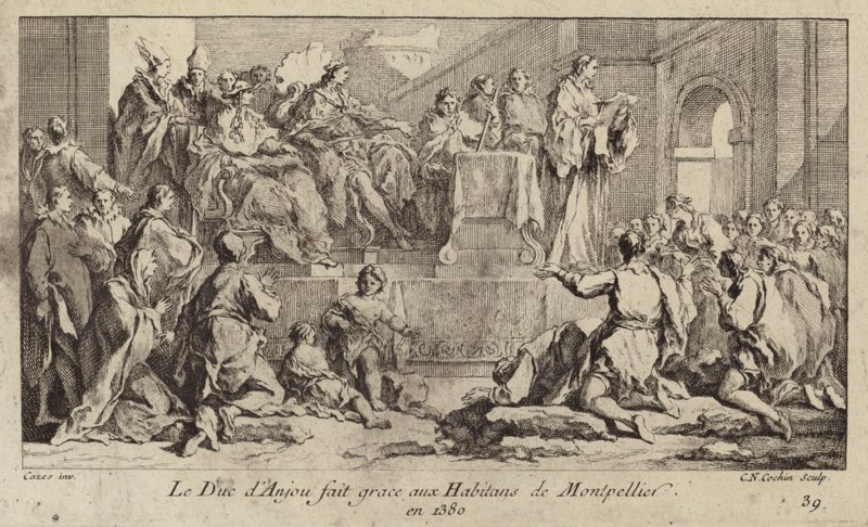 Louis I, hertug av Anjou, regent av kong Charles VI av Frankrike, takker folket i Montpellier av Charles Nicolas II Cochin