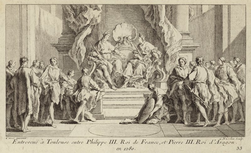 Møte i Toulouse mellom kong Filip III av Frankrike og kong Peter III av Aragon av Charles Nicolas II Cochin