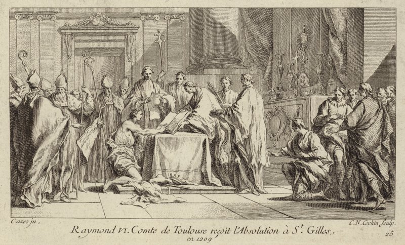 Raymond VI, grev av Toulouse, ydmyker seg ved kirken St Gilles for å få opphevet ekskommunikasjonen hans av Charles Nicolas II Cochin