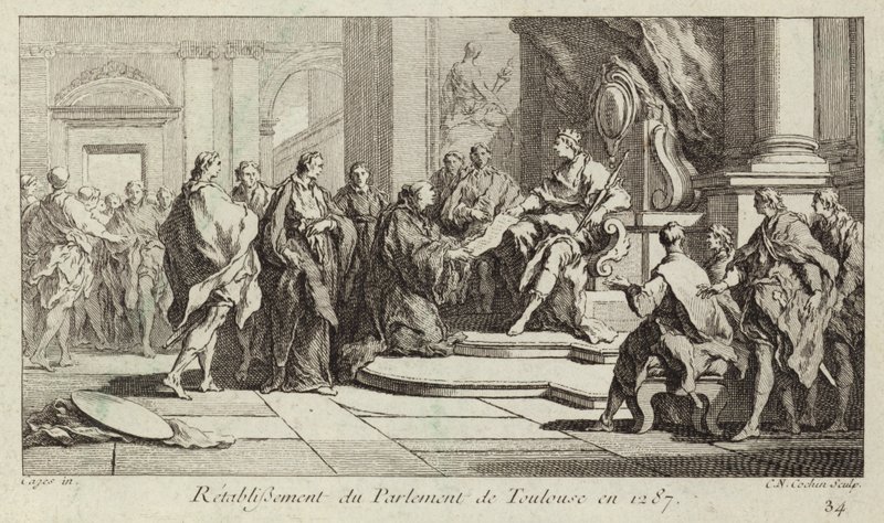Reetablering av parlamentet i Toulouse, Frankrike av Charles Nicolas II Cochin