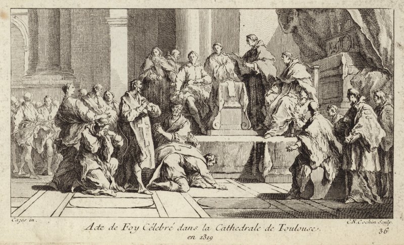 Omvendte katarer erklærer sin tro på den katolske religionen i Toulouse katedral, Frankrike av Charles Nicolas II Cochin