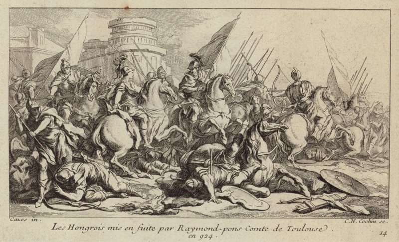 Den ungarske hæren satt på flukt av Raymond Pons, greve av Toulouse, 924 (gravering) av Charles Nicolas II Cochin