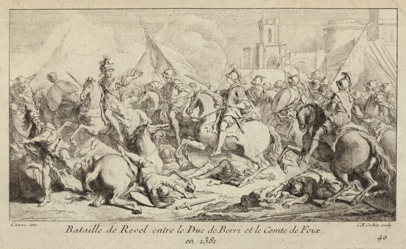Hærene til hertugen av Berry og greven av Foix kjemper i slaget ved Revel, Frankrike av Charles Nicolas II Cochin