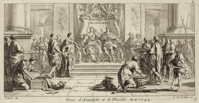 Bryllup av Galla Placidia og Ataulf, kongen av vestgotene, Narbonne, 414 (gravering) av Charles Nicolas II Cochin