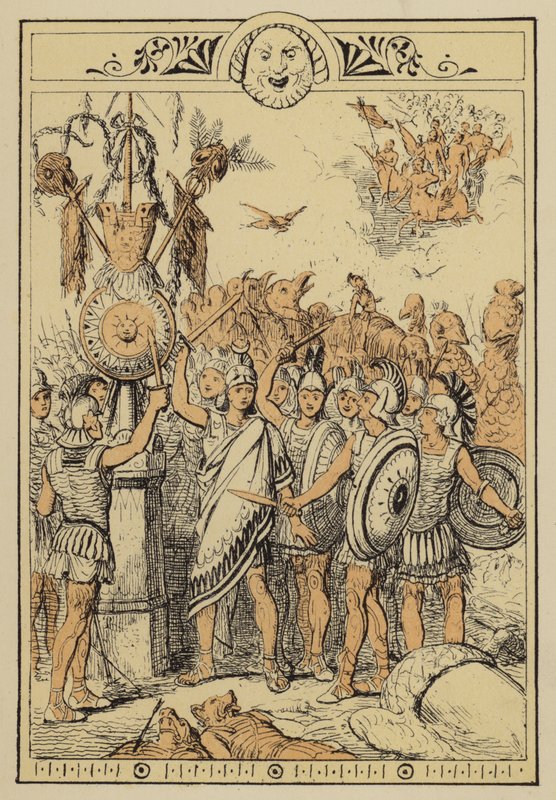 Historier fra Lucian: Månefolket overrasket av skykentaurene (farge litho) av Charles Oliver Murray