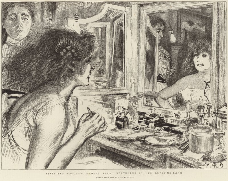 Madame Sarah Bernhardt i garderoben hennes (litho) av Charles Paul (after) Renouard