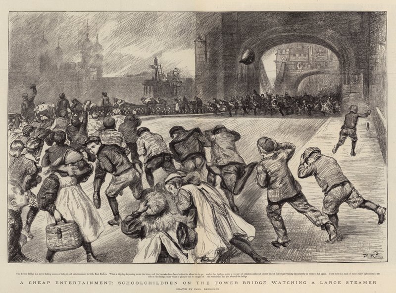 En billig underholdning, skolebarn på Tower Bridge ser på en stor dampbåt av Charles Paul Renouard