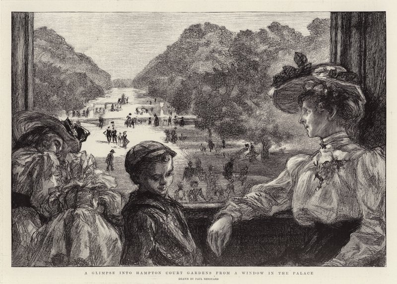 Et glimt inn i Hampton Court Gardens fra et vindu i palasset av Charles Paul Renouard