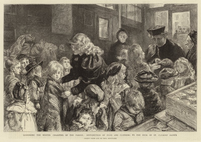 Dispensering av Winter Charities of the Parish, distribusjon av mat og klær til de fattige i St Clement Dane