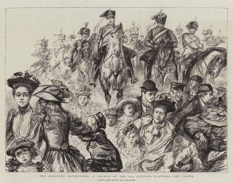 De militære manøvrene, en anklage fra de åttende husarene sprer folkemengden av Charles Paul Renouard