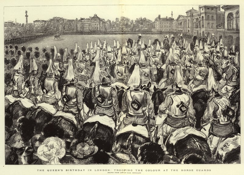Dronningens bursdag i London, tropper Color på Horse Guards av Charles Paul Renouard