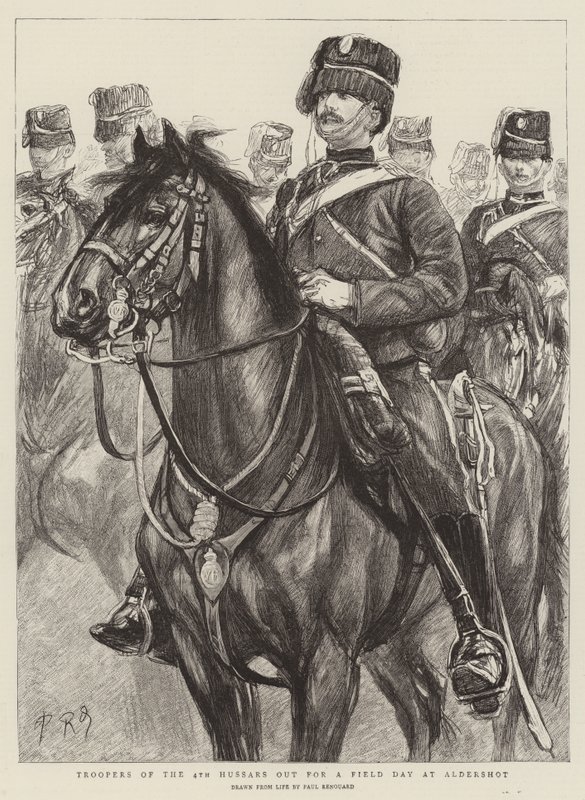 Troopers of the 4th Hussars ute for en feltdag på Aldershot av Charles Paul Renouard