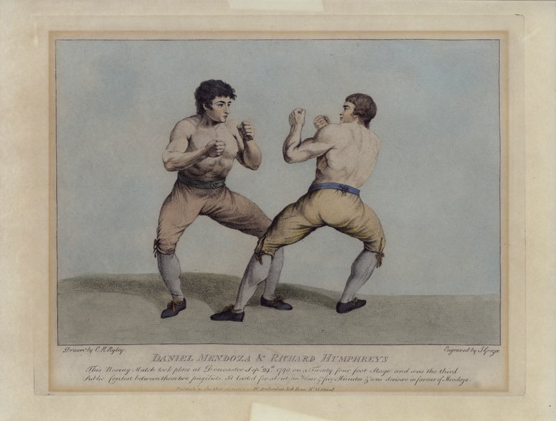 De engelske premiekjemperne Daniel Mendoza og Richard Humphreys på deres boksekamp 29. september 1790 (gravering) av Charles Reuben (after) Ryley