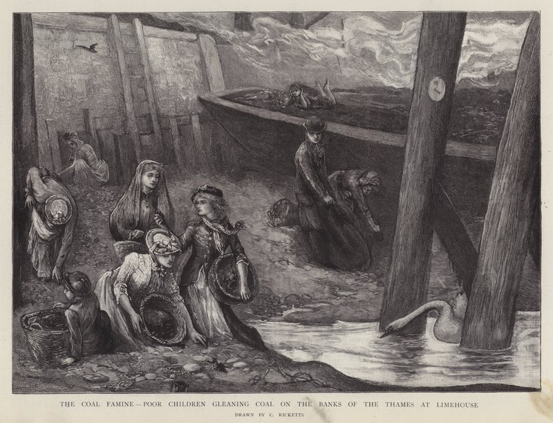 Stakkars barn henter kullbiter fra bredden av Themsen ved Limehouse, London (litho) av Charles Ricketts