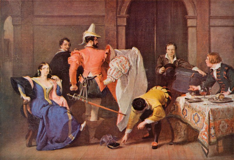 Shakespeare: Katherina og Petruchio, The Taming of the Shrew, akt IV, Scene 3 (farge litho) av Charles Robert (after) Leslie