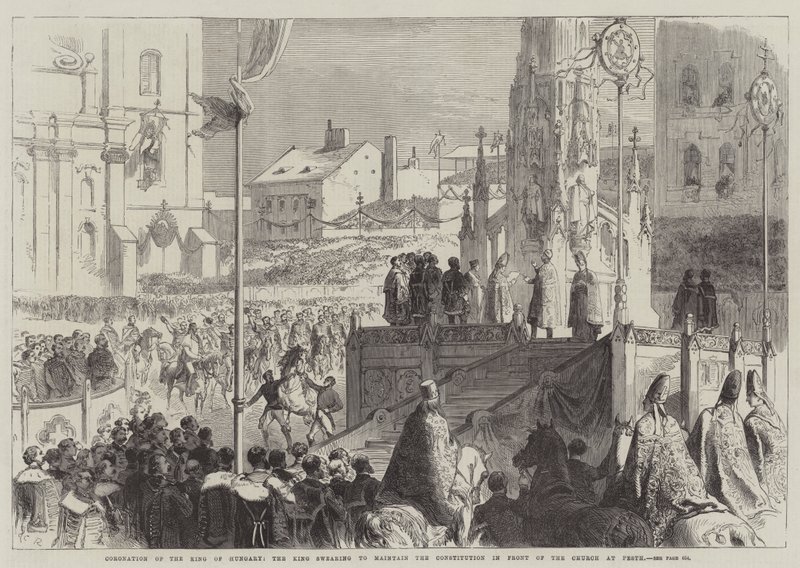 Kroning av kongen av Ungarn, kongen som sverger å opprettholde grunnloven foran kirken i Pesth av Sir John Charles Robinson