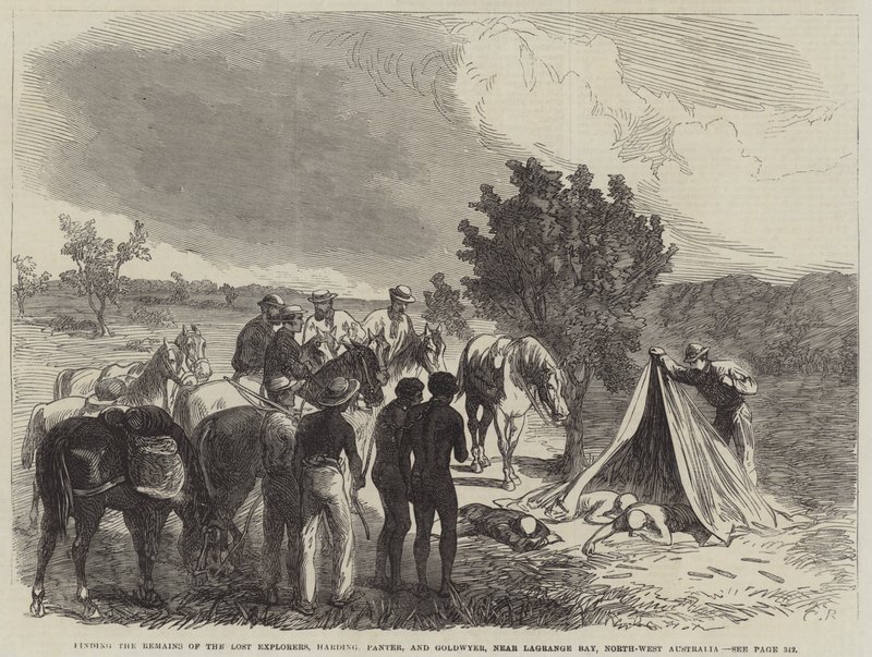 Finne restene av de tapte oppdagelsesreisende, Harding, Panter og Goldwyer, nær Lagrange Bay, Nordvest-Australia av Sir John Charles Robinson