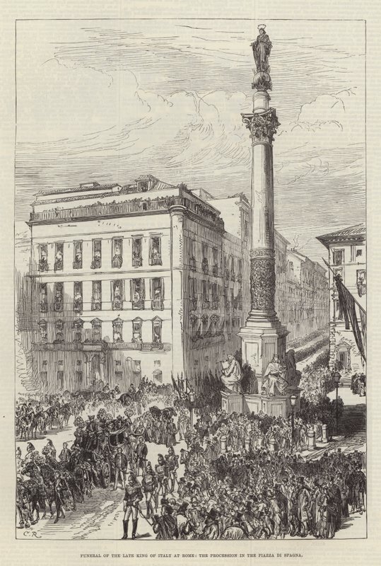 Begravelse av den avdøde kongen av Italia i Roma, prosesjonen på Piazza di Spagna av Sir John Charles Robinson