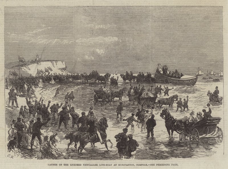 Lansering av Licensed Victualler Life-Boat i Hunstanton, Norfolk av Sir John Charles Robinson