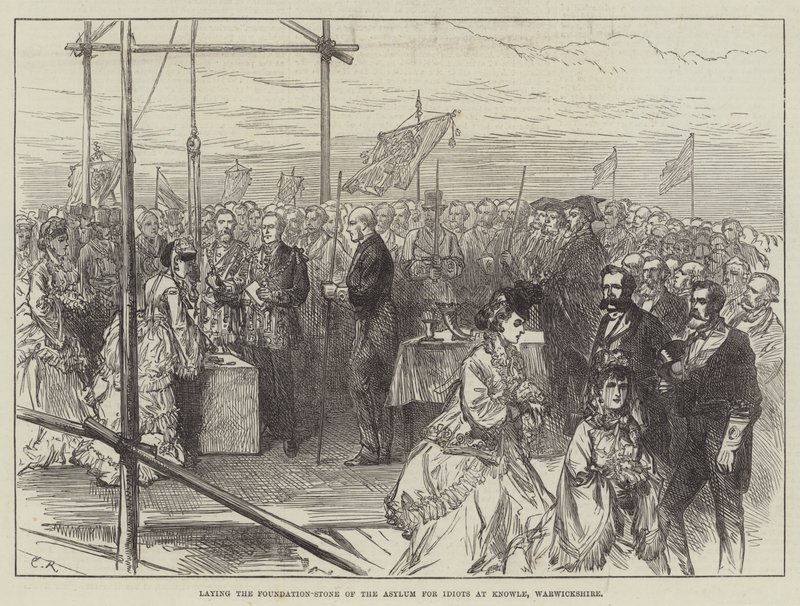 Legger grunnsteinen til asylet for idioter i Knowle, Warwickshire av Sir John Charles Robinson