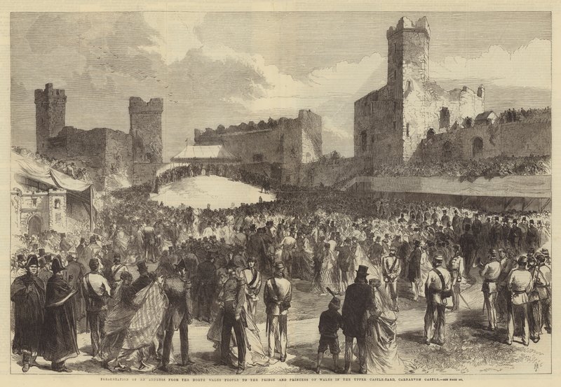 Presentasjon av en adresse fra Nord-Wales-folket til prinsen og prinsessen av Wales i Upper Castle-Yard, Carnarvon Castle av Sir John Charles Robinson