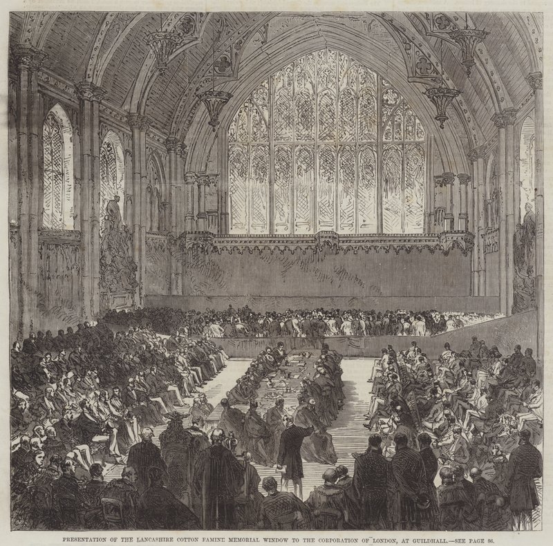 Presentasjon av Lancashire Cotton Famine Memorial Window til Corporation of London, i Guildhall av Sir John Charles Robinson
