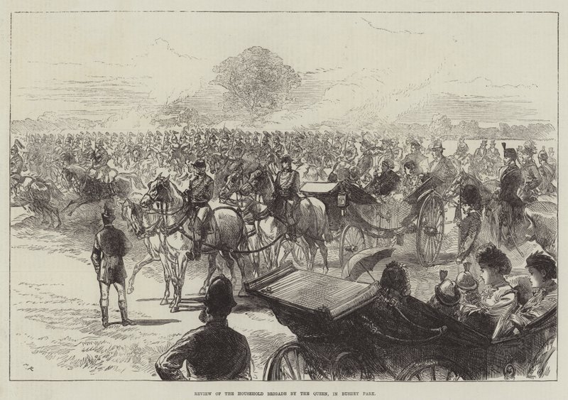 Gjennomgang av husholdningsbrigaden av dronningen, i Bushey Park av Sir John Charles Robinson