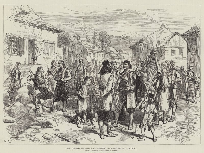 Den østerrikske okkupasjonen av Hercegovina, gatescene i Grahovo av Sir John Charles Robinson