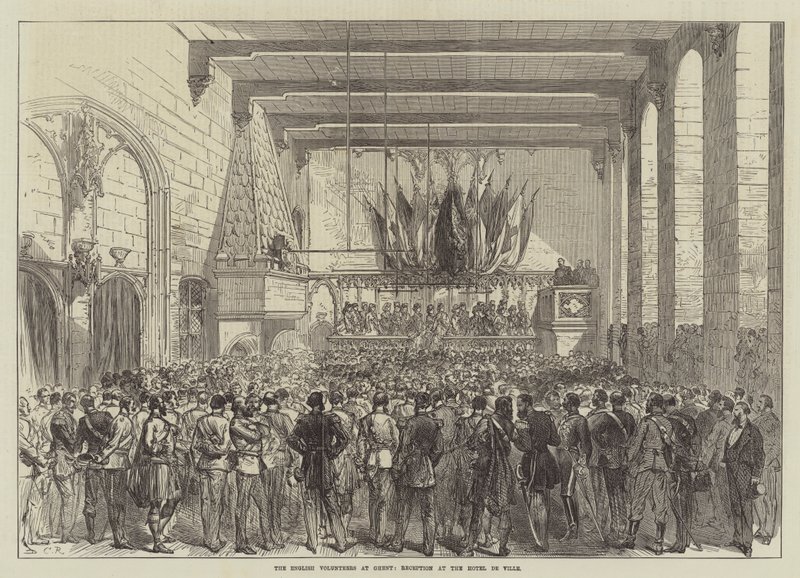 De engelske frivillige i Gent, resepsjon på Hotel de Ville av Sir John Charles Robinson