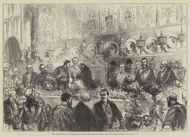 Den internasjonale kommunale banketten på Mansion House, Lord Mayor passerte Loving Cup av Sir John Charles Robinson