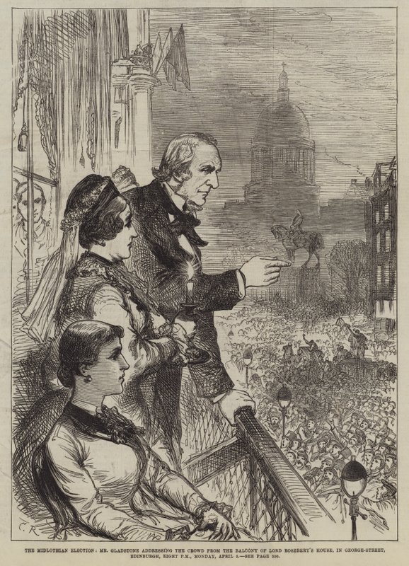 The Midlothian Election, Mr Gladstone taler til folkemengden fra balkongen til Lord Rosebery House, i George-Street, Edinburgh, åtte om kvelden, mandag 5. april av Sir John Charles Robinson