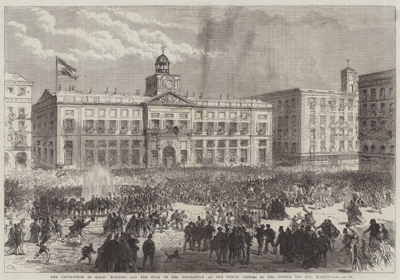 Revolusjonen i Spania, henger ut revolusjonens flagg på de offentlige kontorene i Puerta del Sol, Madrid av Sir John Charles Robinson