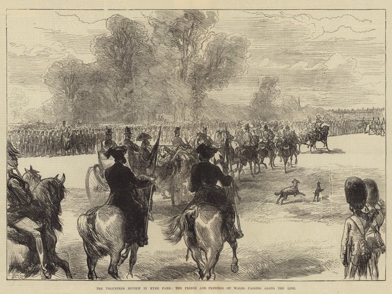 Frivillighetsanmeldelsen i Hyde Park, prinsen og prinsessen av Wales passerer langs linjen av Sir John Charles Robinson