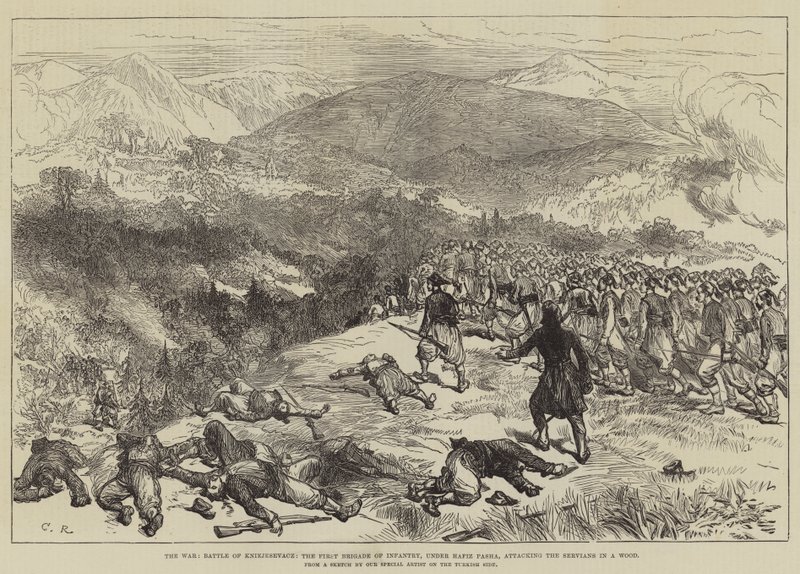 Krigen, slaget ved Kniejesevacz, den første brigaden av infanteri, under Hafiz Pasha, angriper servisene i en skog av Sir John Charles Robinson