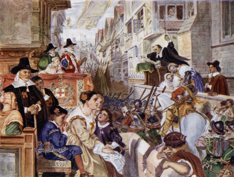 Londons soldater skal kjempe på parlamentarisk side mot kong Charles I i den engelske borgerkrigen (farge litho) av Charles West (after) Cope