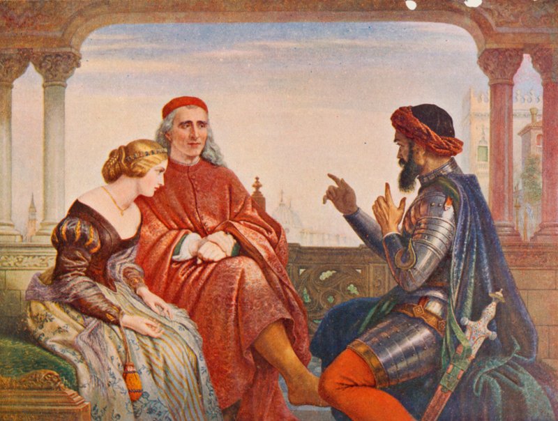 Shakespeare: The Wooing of Desdemona, Othello, Act I, Scene 3 (farge litho) av Charles West (after) Cope
