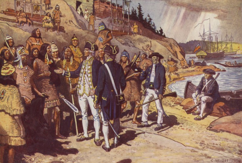 Captain Cook på Nootka (farge litho) av Charles William (after) Jefferys