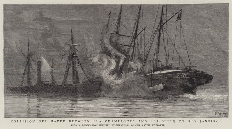Kollisjon utenfor Havre mellom La Champagne og La Ville de Rio Janeiro av Charles William Wyllie