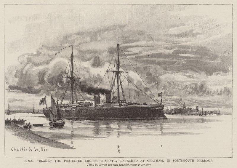 HMS Blake, Protected Cruiser som nylig ble lansert i Chatham, i Portsmouth Harbor av Charles William Wyllie
