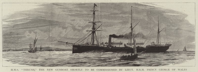 HMS Thrush, den nye kanonbåten som snart skal tas i bruk av løytnant HRH prins George av Wales av Charles William Wyllie
